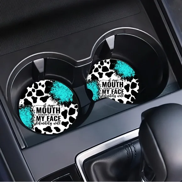 Cow Print Car Coasters with Teal Accents - Picture 2 of 6